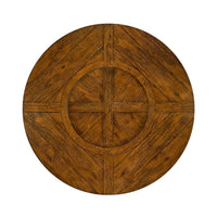 Top view of round dining table with wood design.