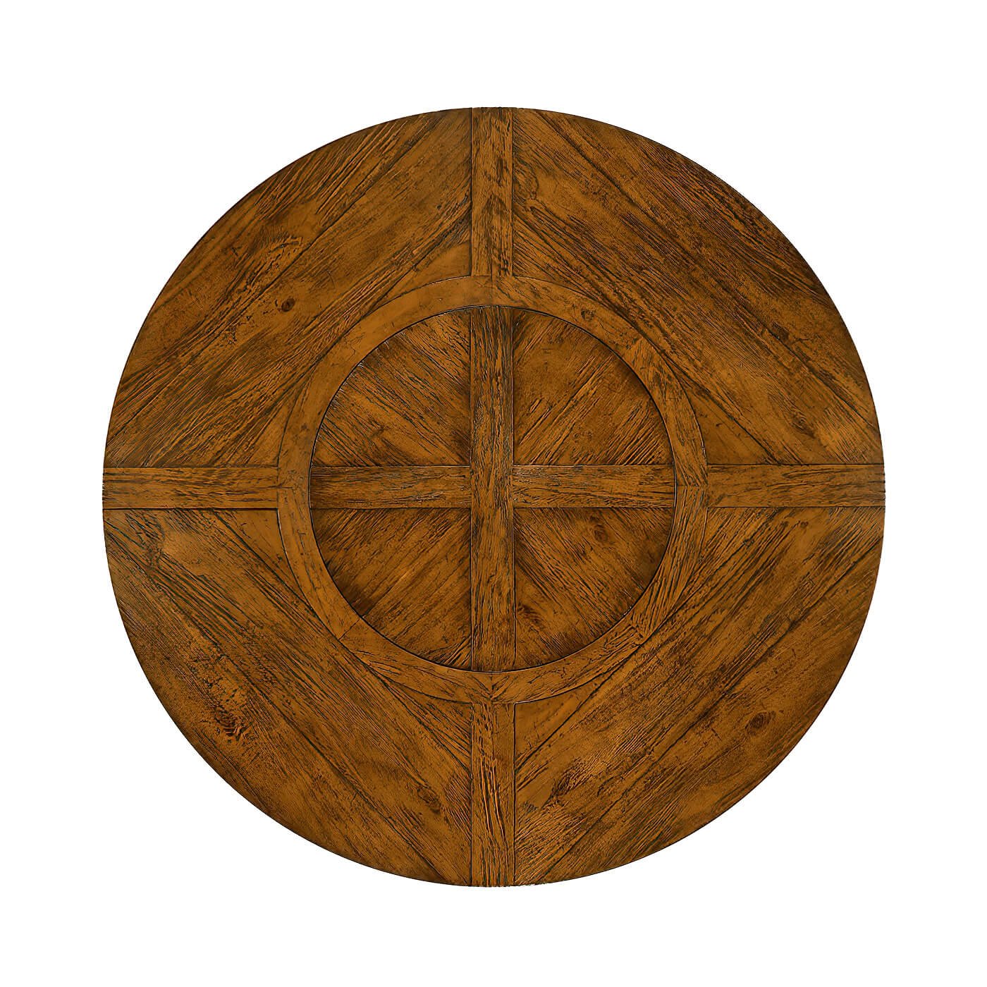 Top view of rustic walnut round dining table surface.