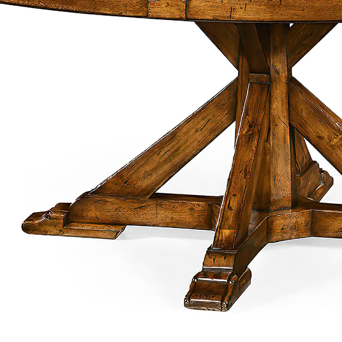 Base detail of rustic round dining table, walnut wood.