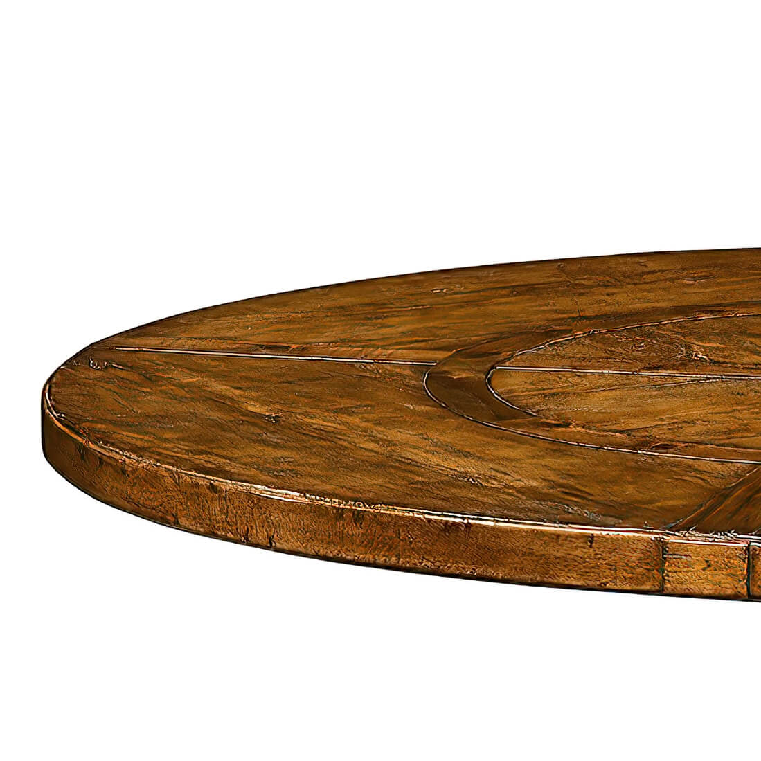 Close-up, edge detail of round walnut dining table.
