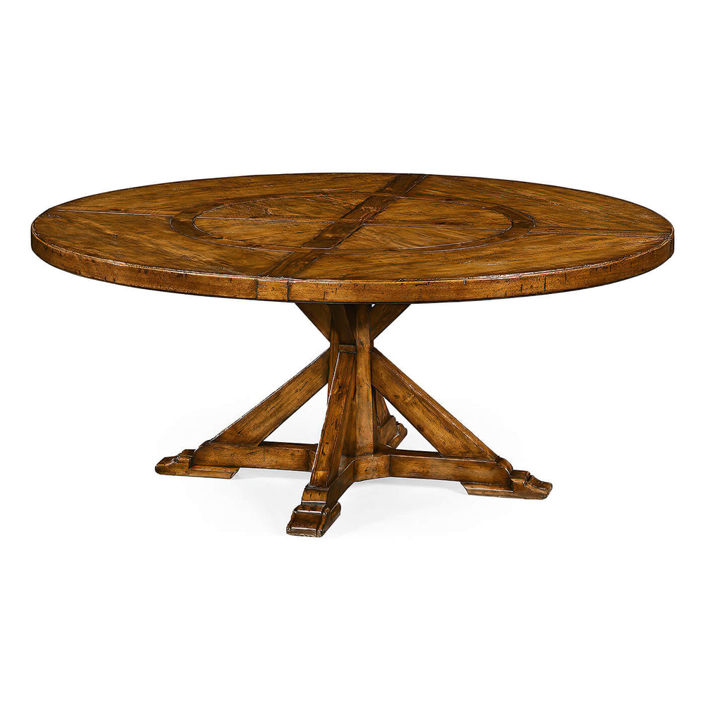 Rustic round dining table, angled view, walnut finish.