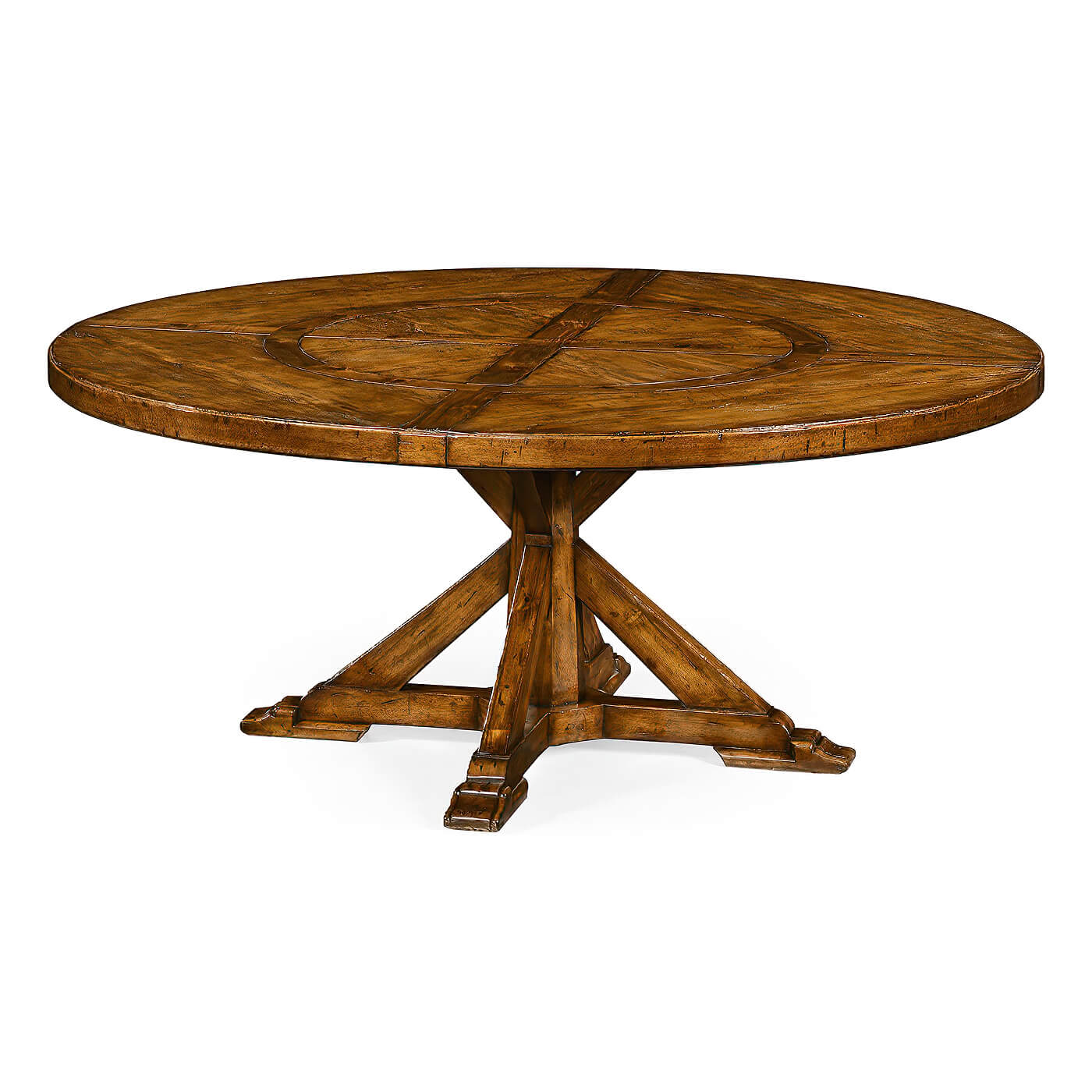 Rustic round dining table, angled view, walnut finish.