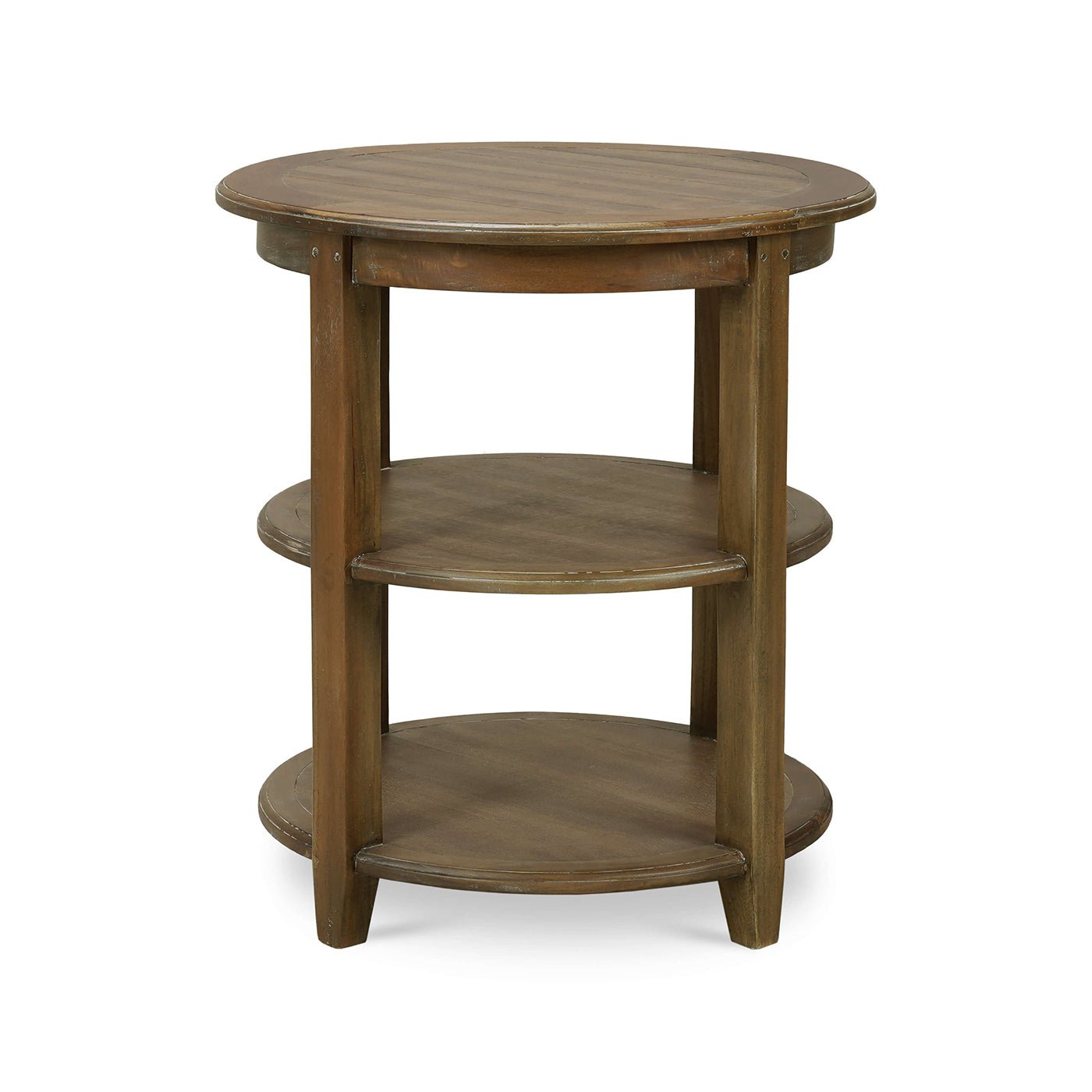 Front view of rustic round end table, wooden finish.