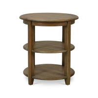 Front view of rustic round end table, wooden finish.