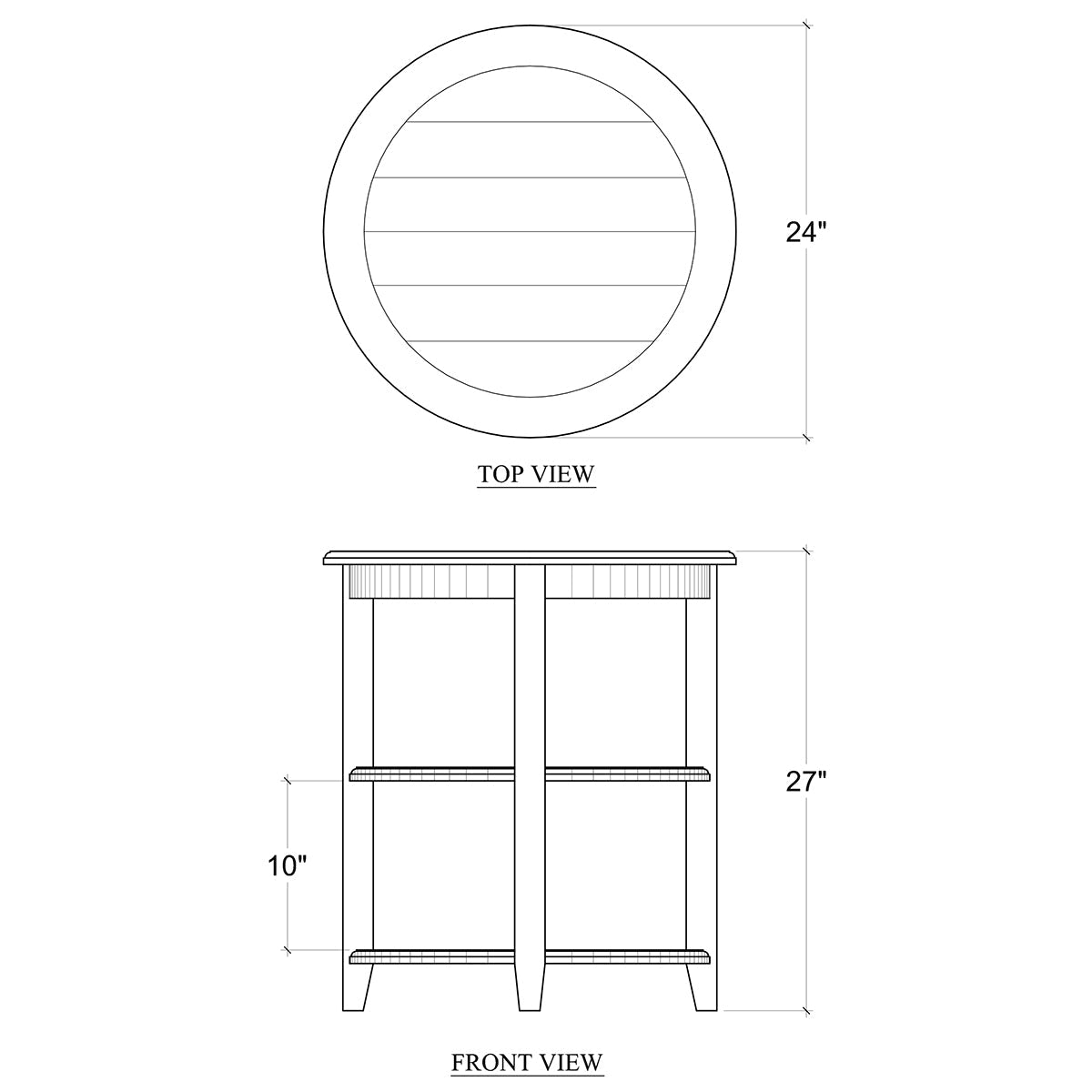 Dimensions diagram of rustic round end table, top and front views.