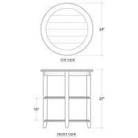 Dimensions diagram of rustic round end table, top and front views.
