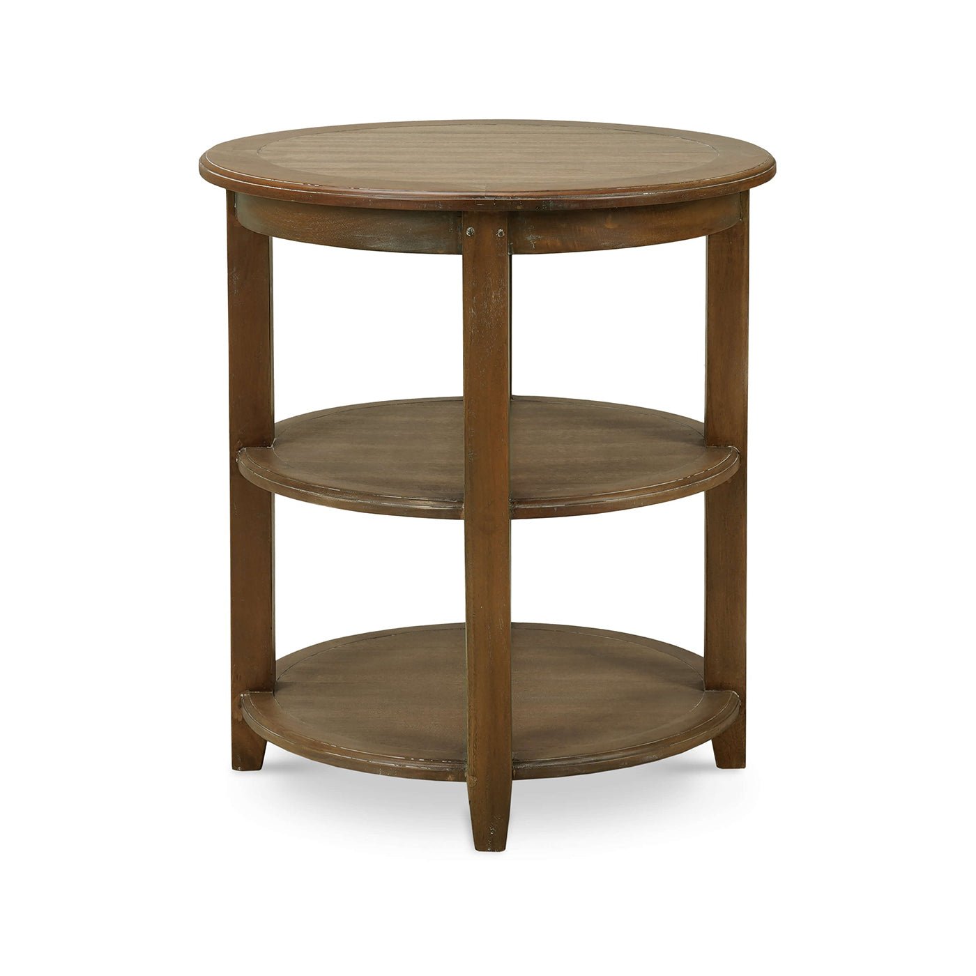 Rustic round end table, side view showcasing shelves.