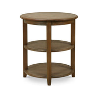 Rustic round end table, side view showcasing shelves.
