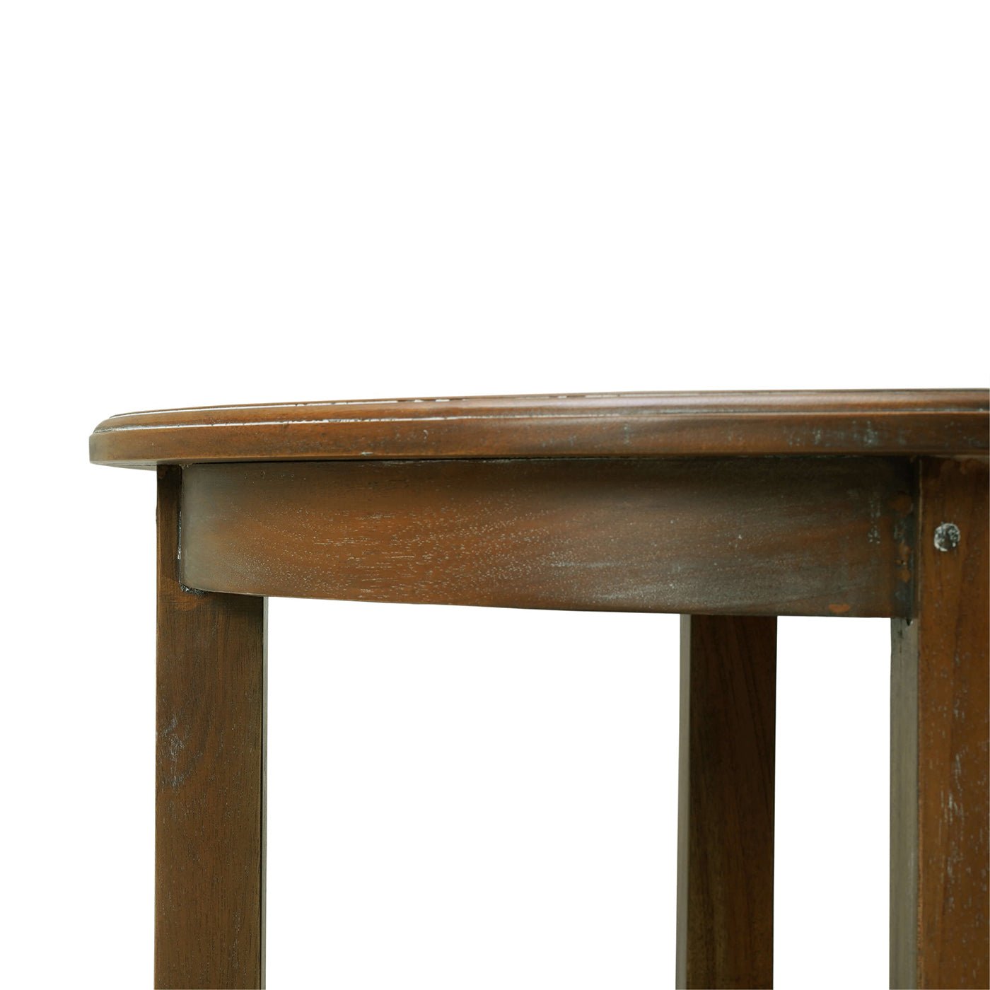 Close-up of rustic round end table edge and leg.