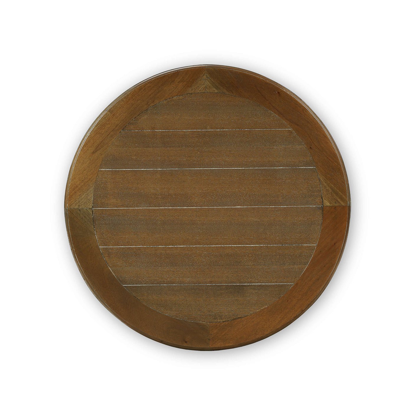 Top view of round end table, detailed wooden texture.