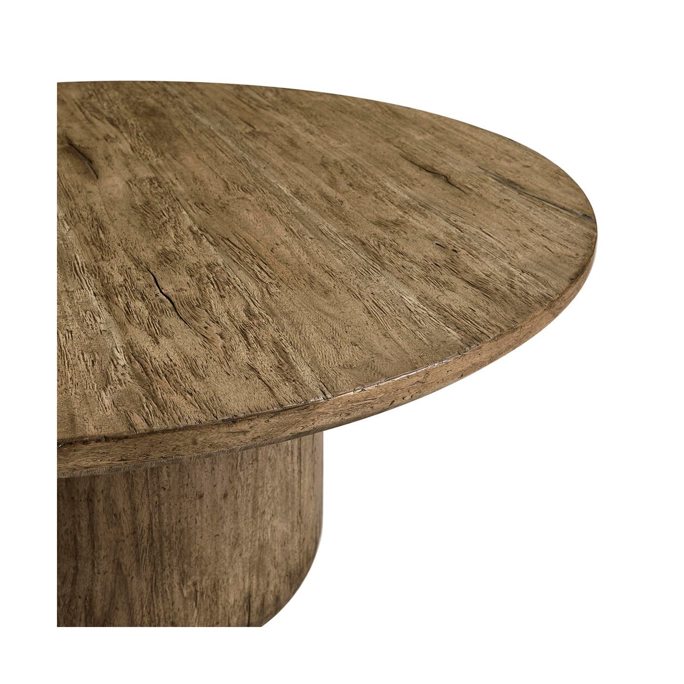 Rustic round pedestal dining table showing round edge.