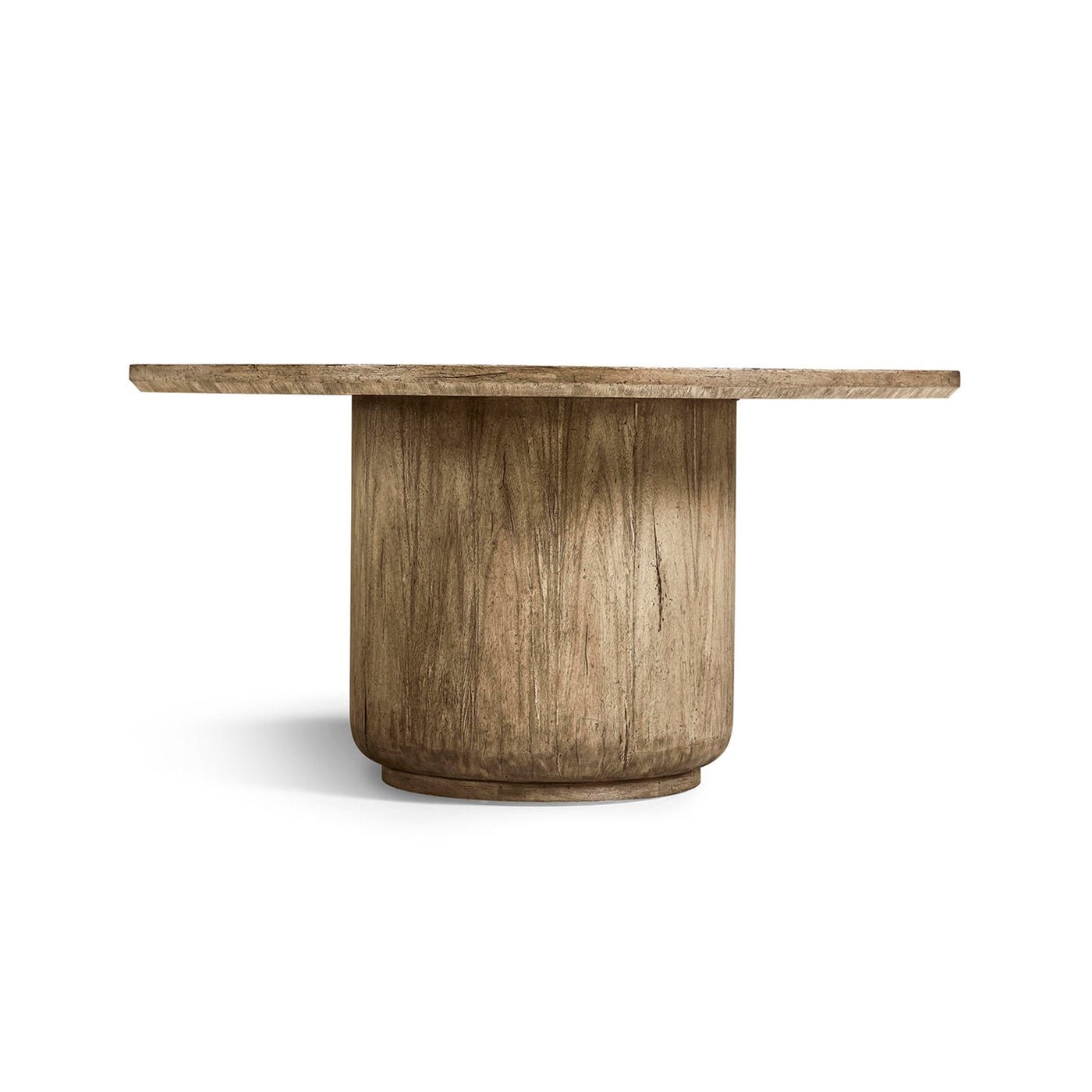 Rustic round pedestal dining table, side profile.