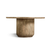 Rustic round pedestal dining table, side profile.