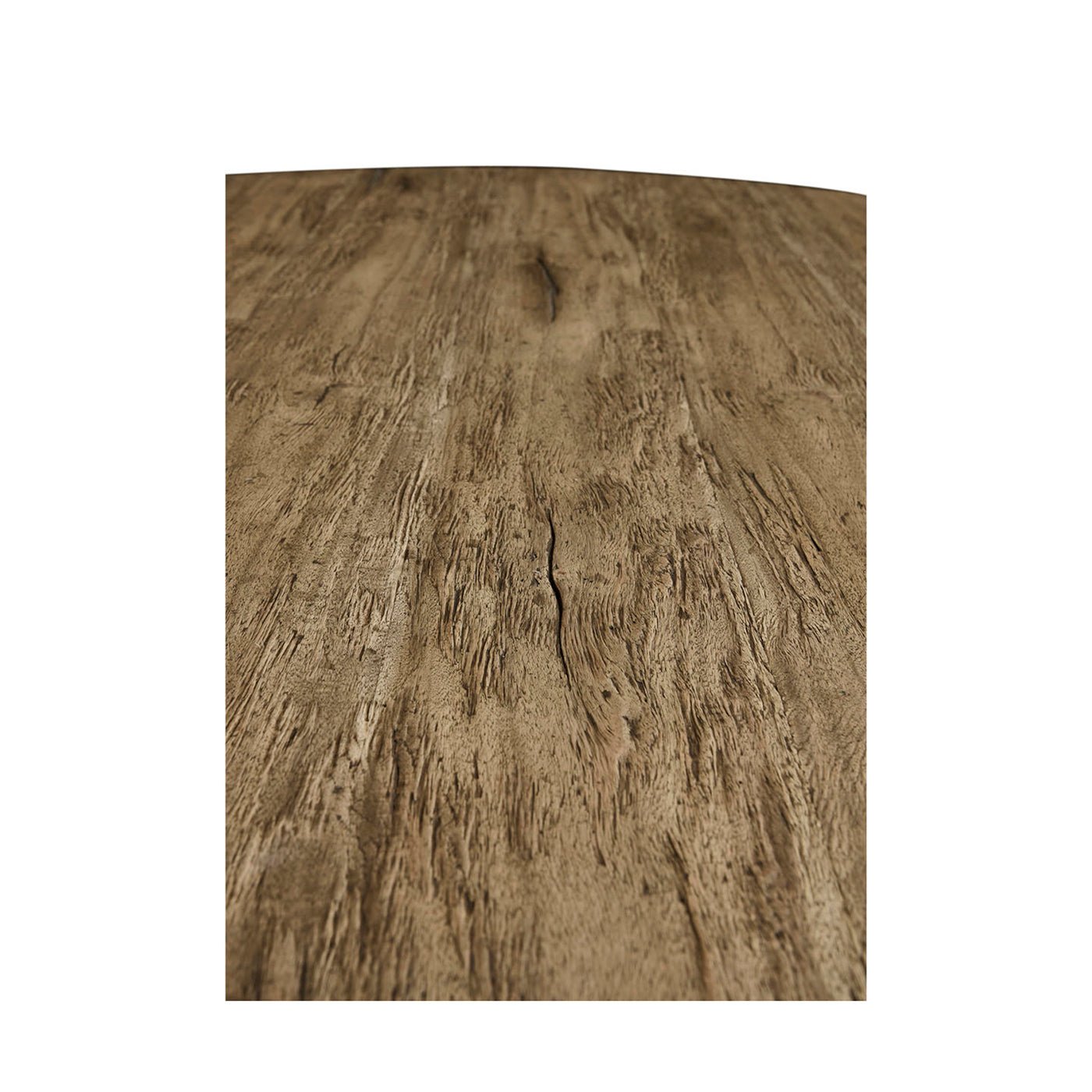 Surface texture of rustic round pedestal dining table.