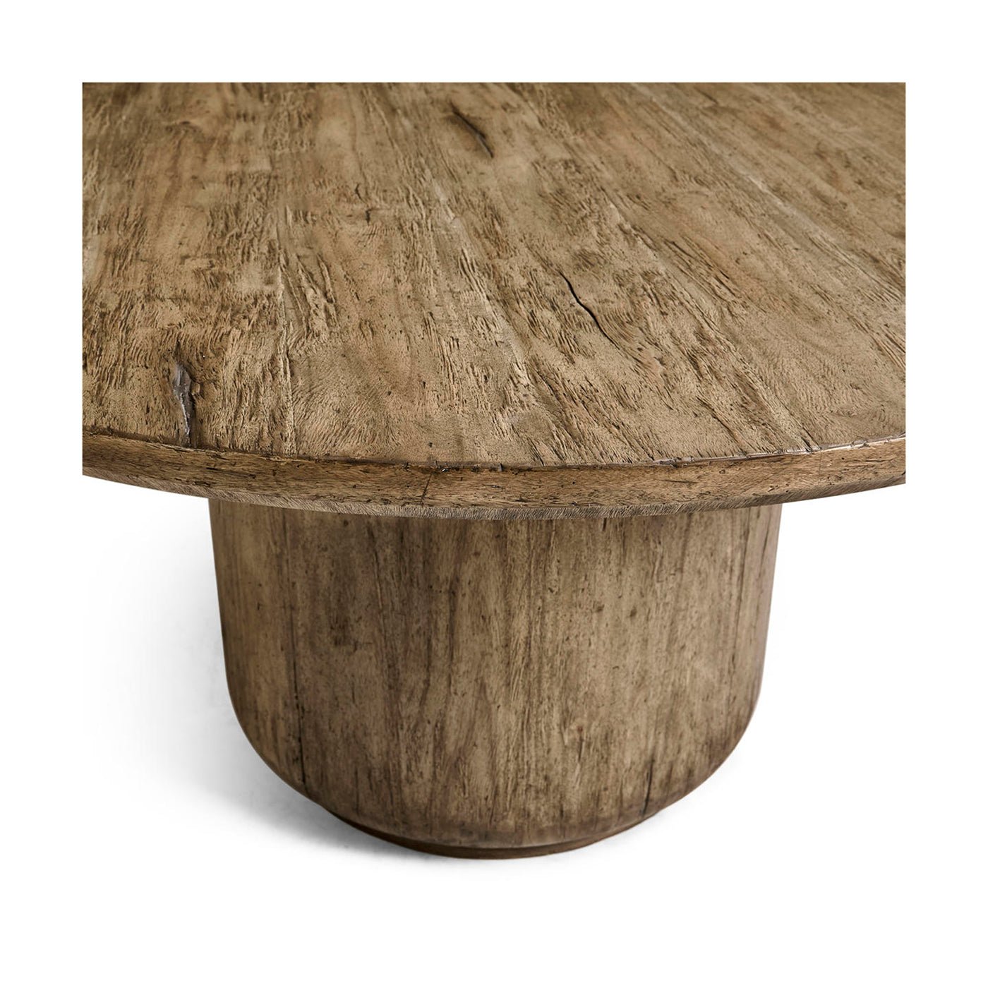 Rustic round pedestal dining table, base and surface detail.