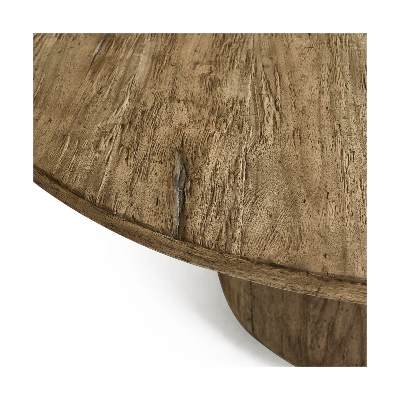 Close-up texture of rustic round pedestal dining table.