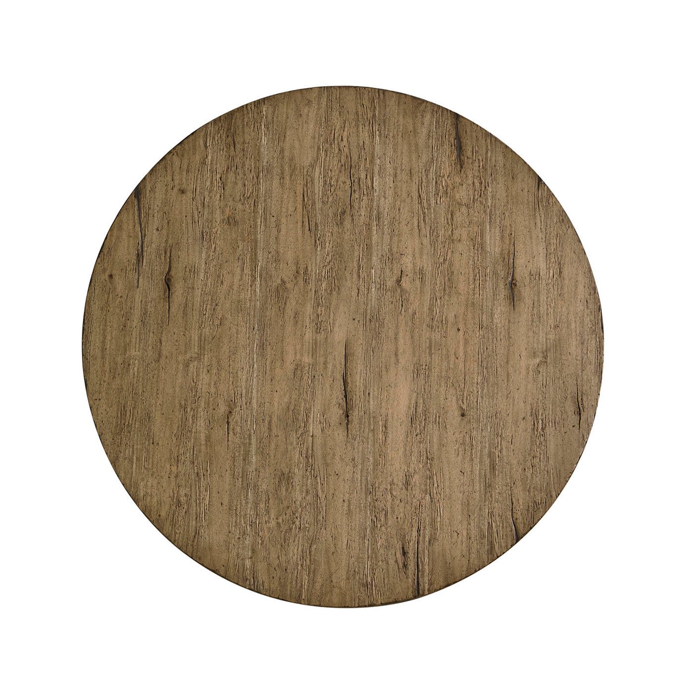 Rustic round pedestal dining table, top view.