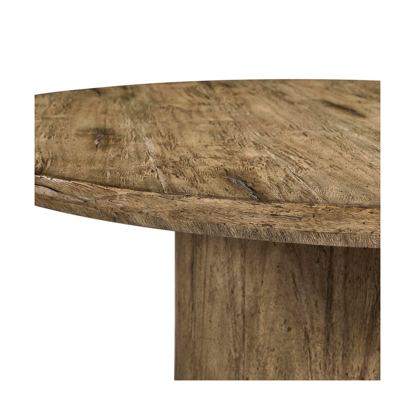 Edge detail of rustic round pedestal dining table.