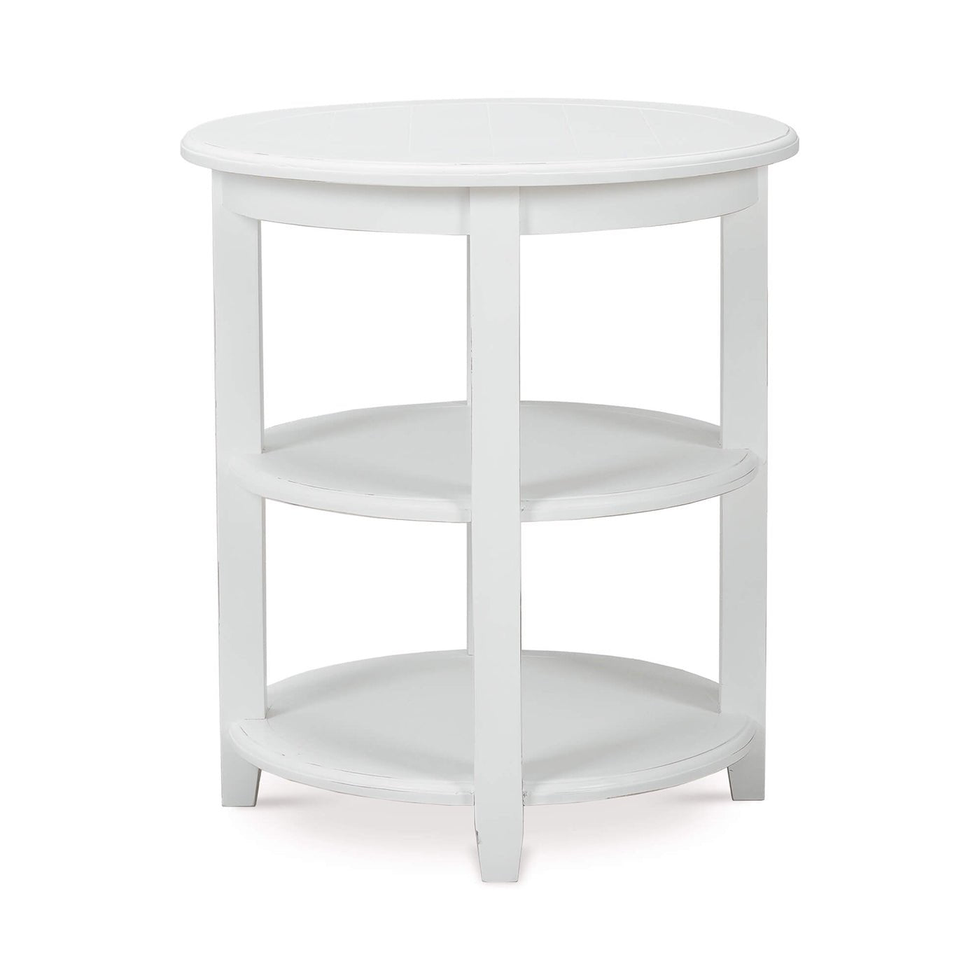 White round end table, detailed front perspective.