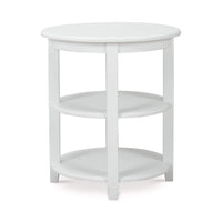 White round end table, detailed front perspective.