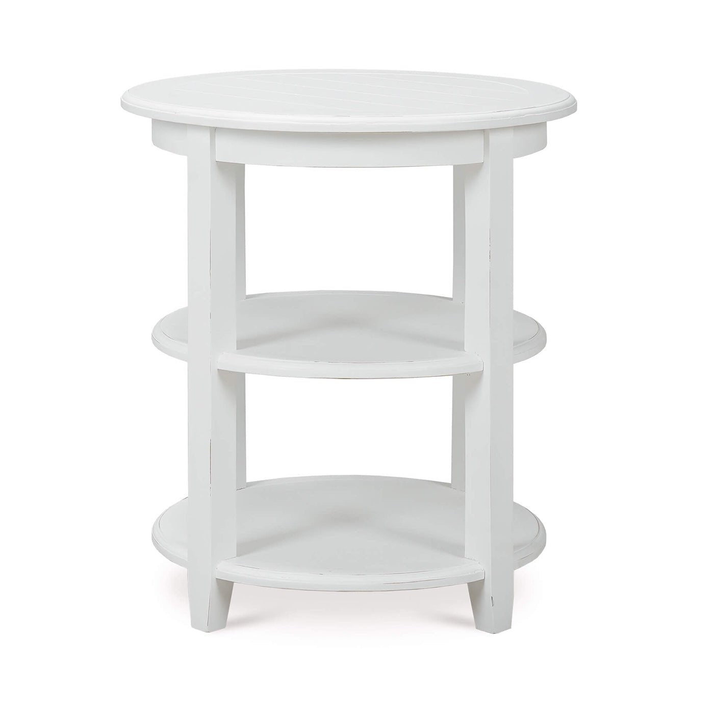 Round white painted end table, front view shown.