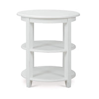 Round white painted end table, front view shown.