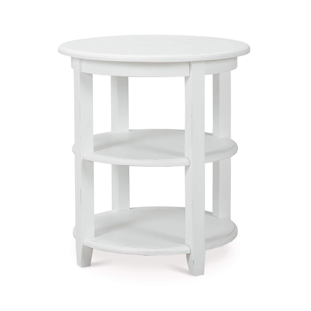 Rustic white end table, side view with shelves.