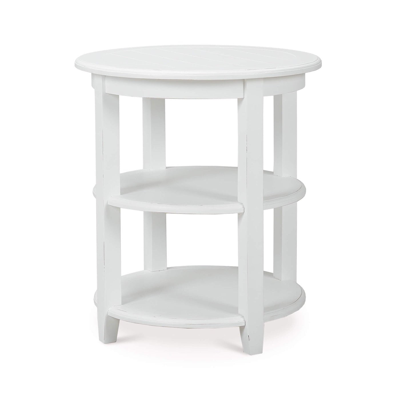 Rustic white end table, side view with shelves.