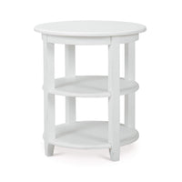 Rustic white end table, side view with shelves.