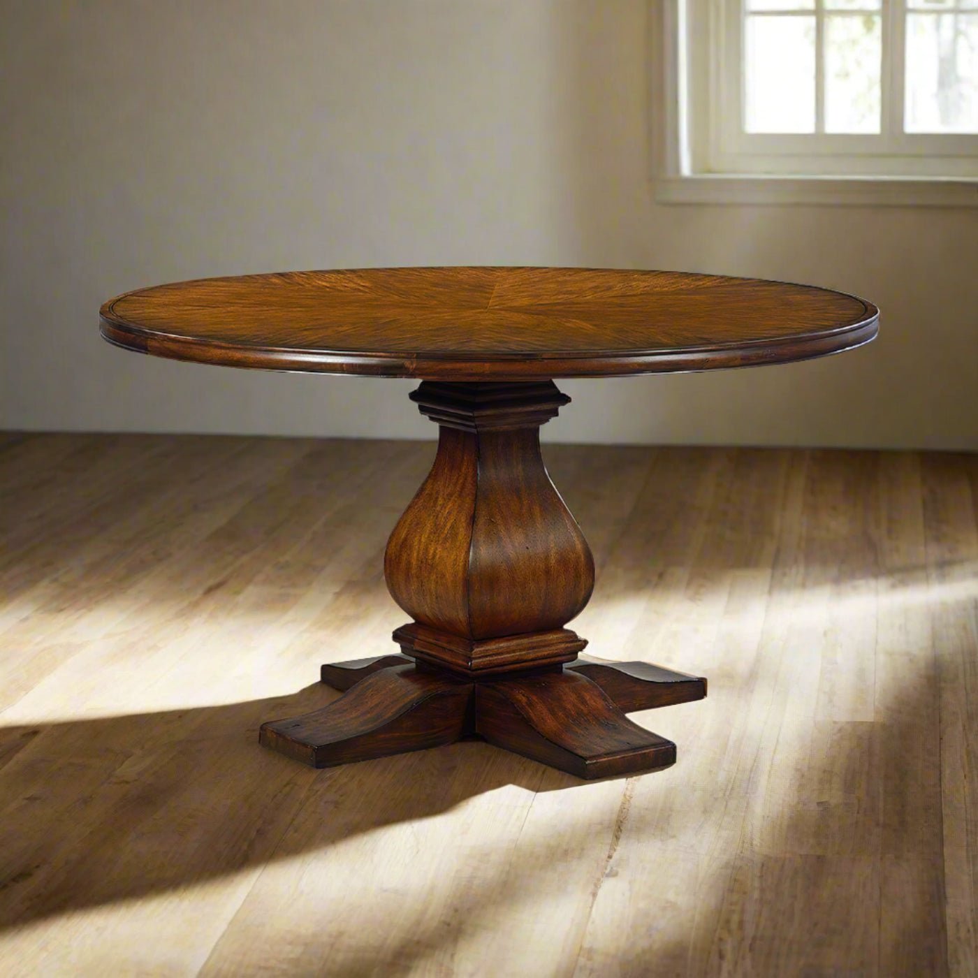 Rustic dining table in sunlit room
