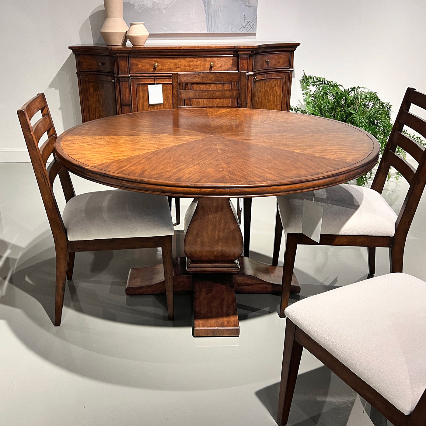 Dining table with chairs around, top view