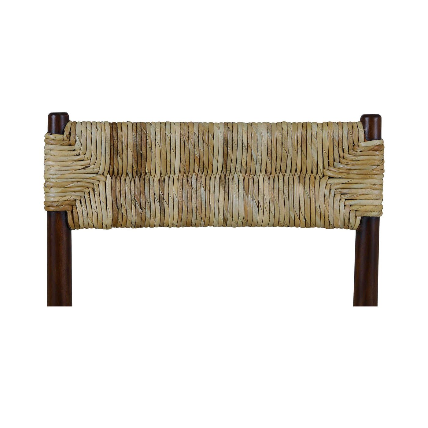 Backrest detail, rustic dining chair rush seat dark wood.