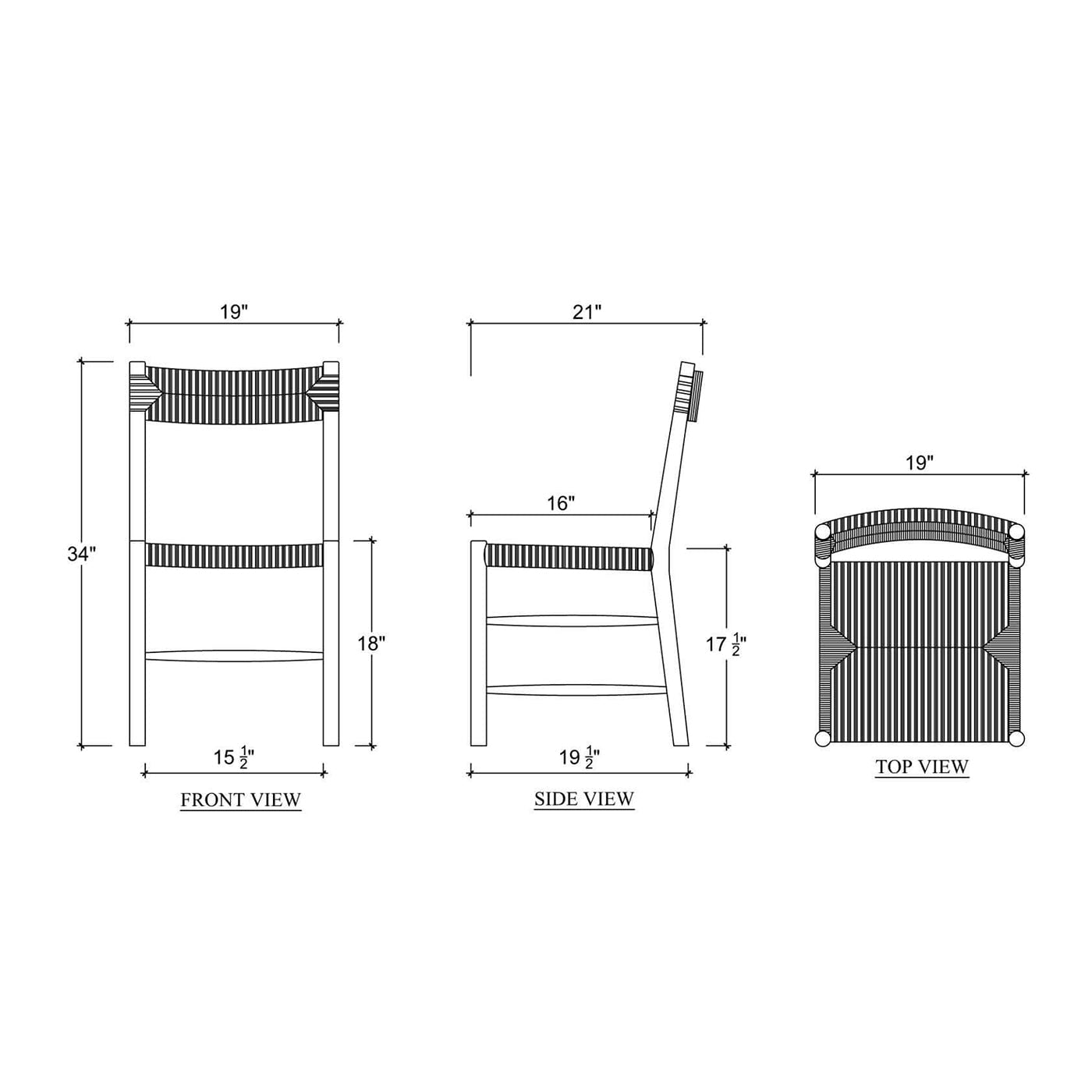 Chair dimensions diagram, rustic dining chair, rush seat.
