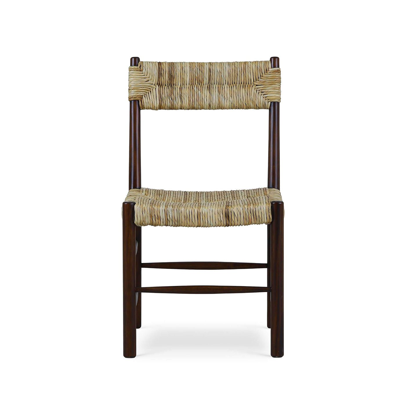 Rustic dining chair front view, rush seat, dark wood.