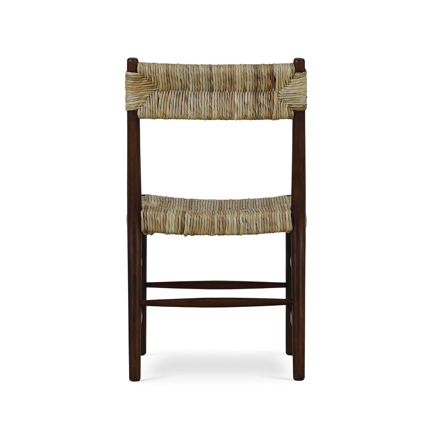 Rustic dining chair back view, rush seat, dark wood.
