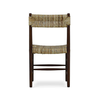 Rustic dining chair back view, rush seat, dark wood.