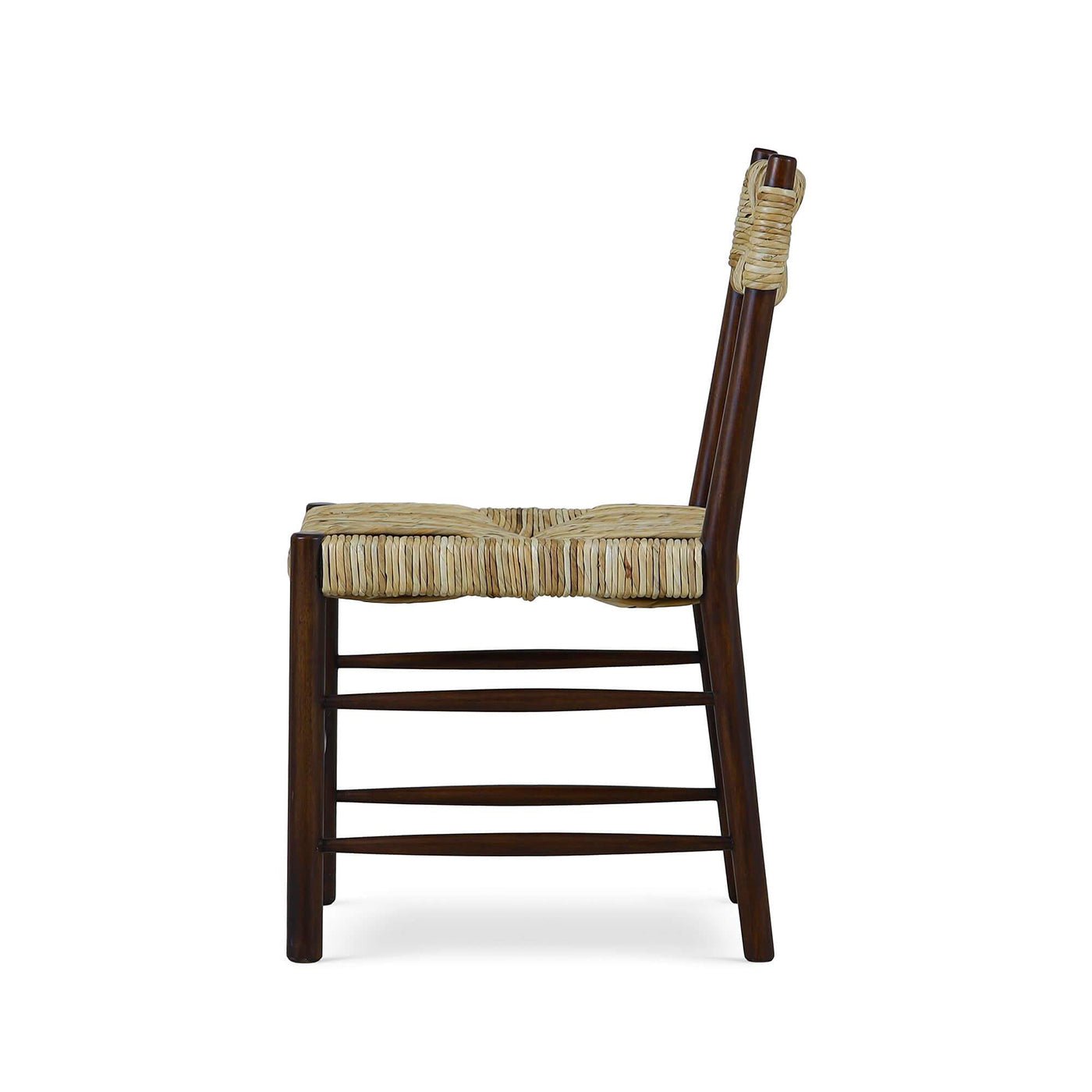 Rustic dining chair side view, rush seat, dark wood.