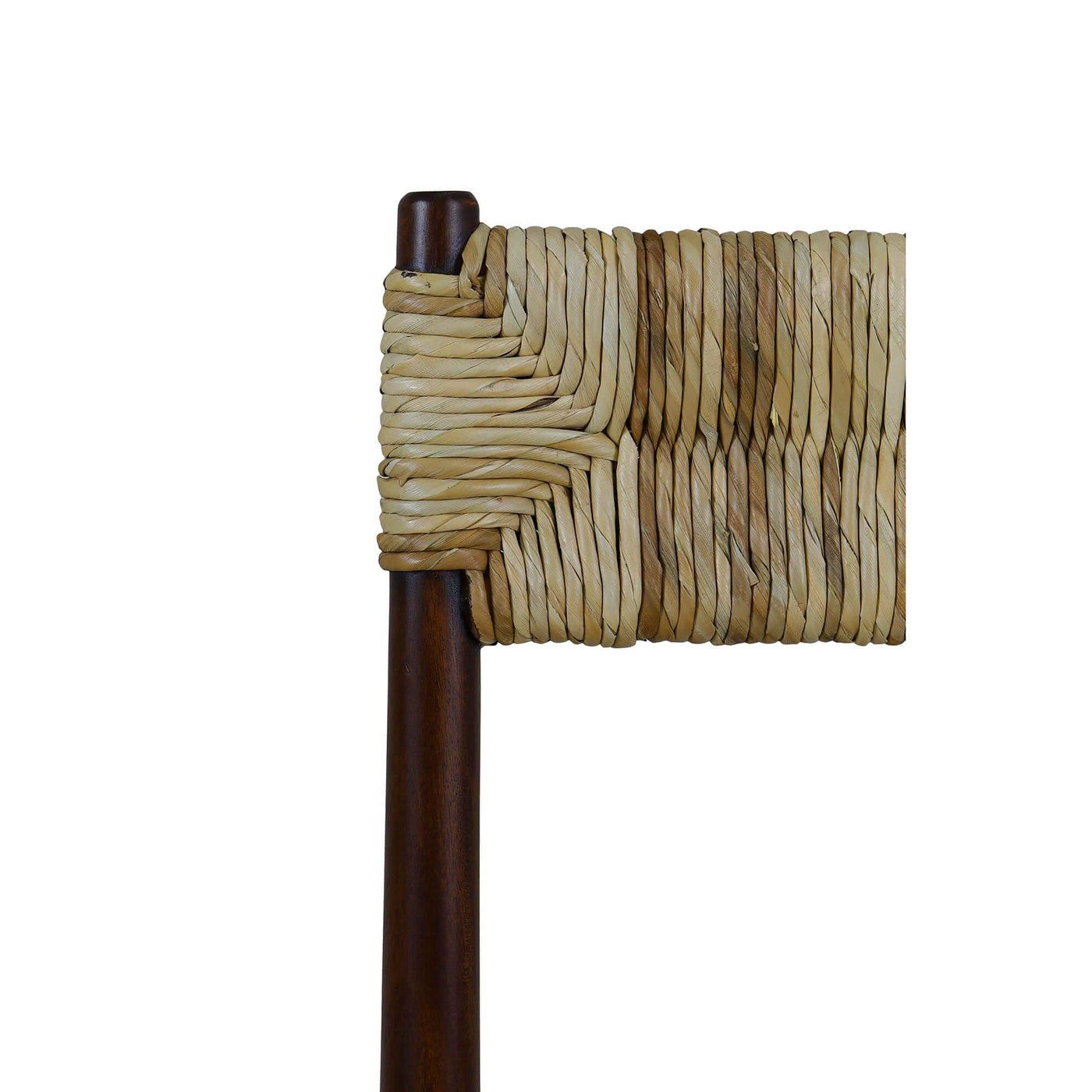 Close-up top detail, rustic chair rush seat dark wood.