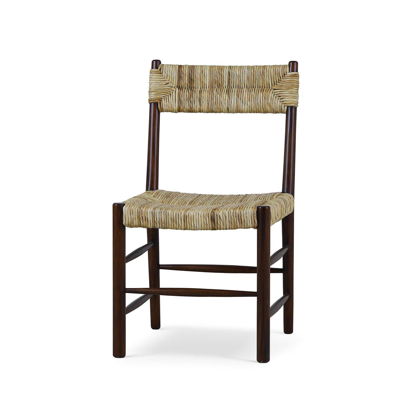 Rustic dining chair three-quarter view, rush seat, dark wood.