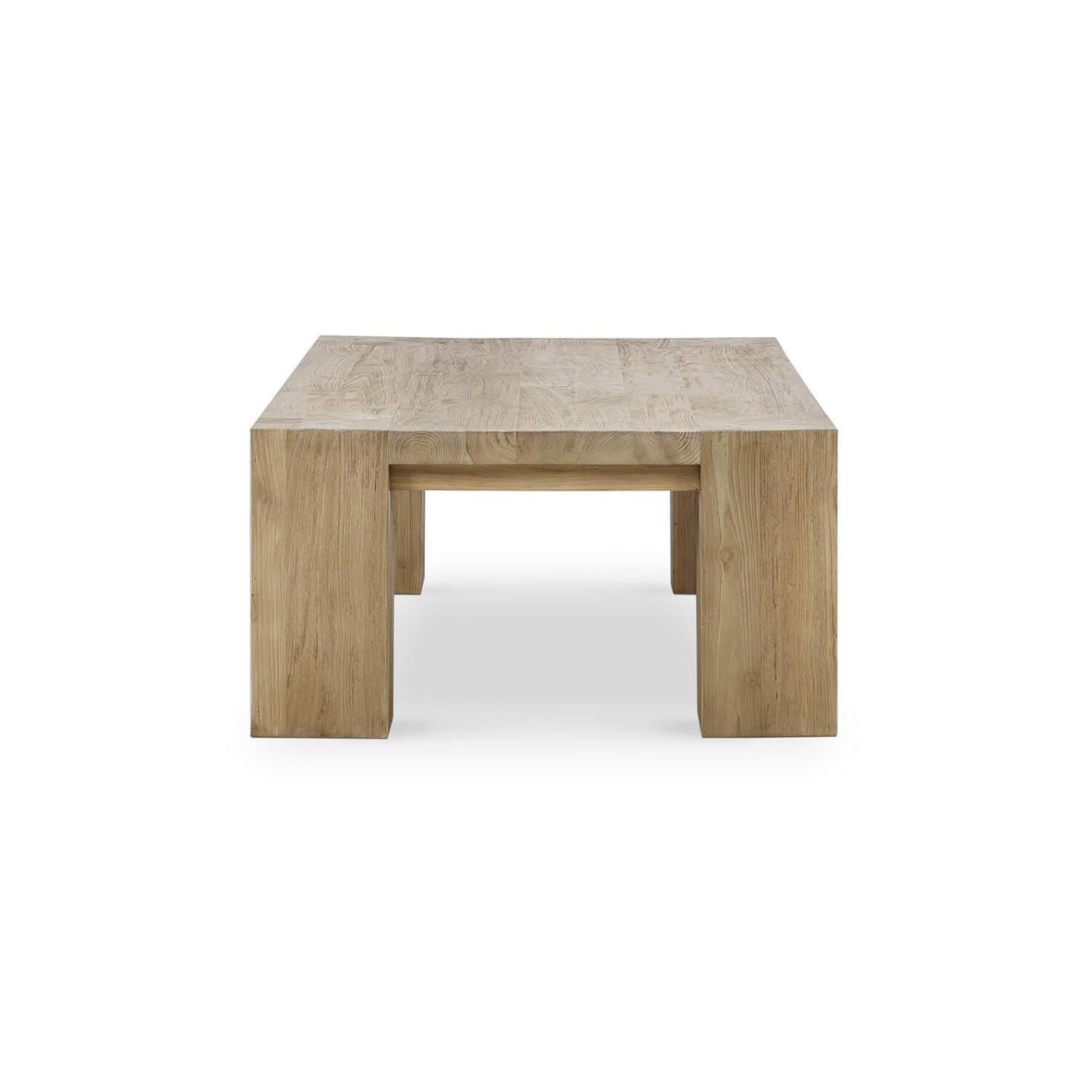 Rustic teak coffee table side view.