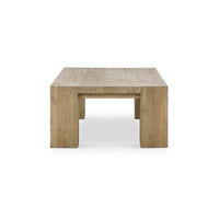 Rustic teak coffee table side view.