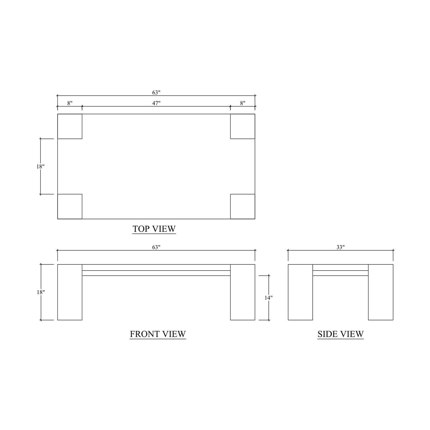 Dimension diagram of rustic teak coffee table.