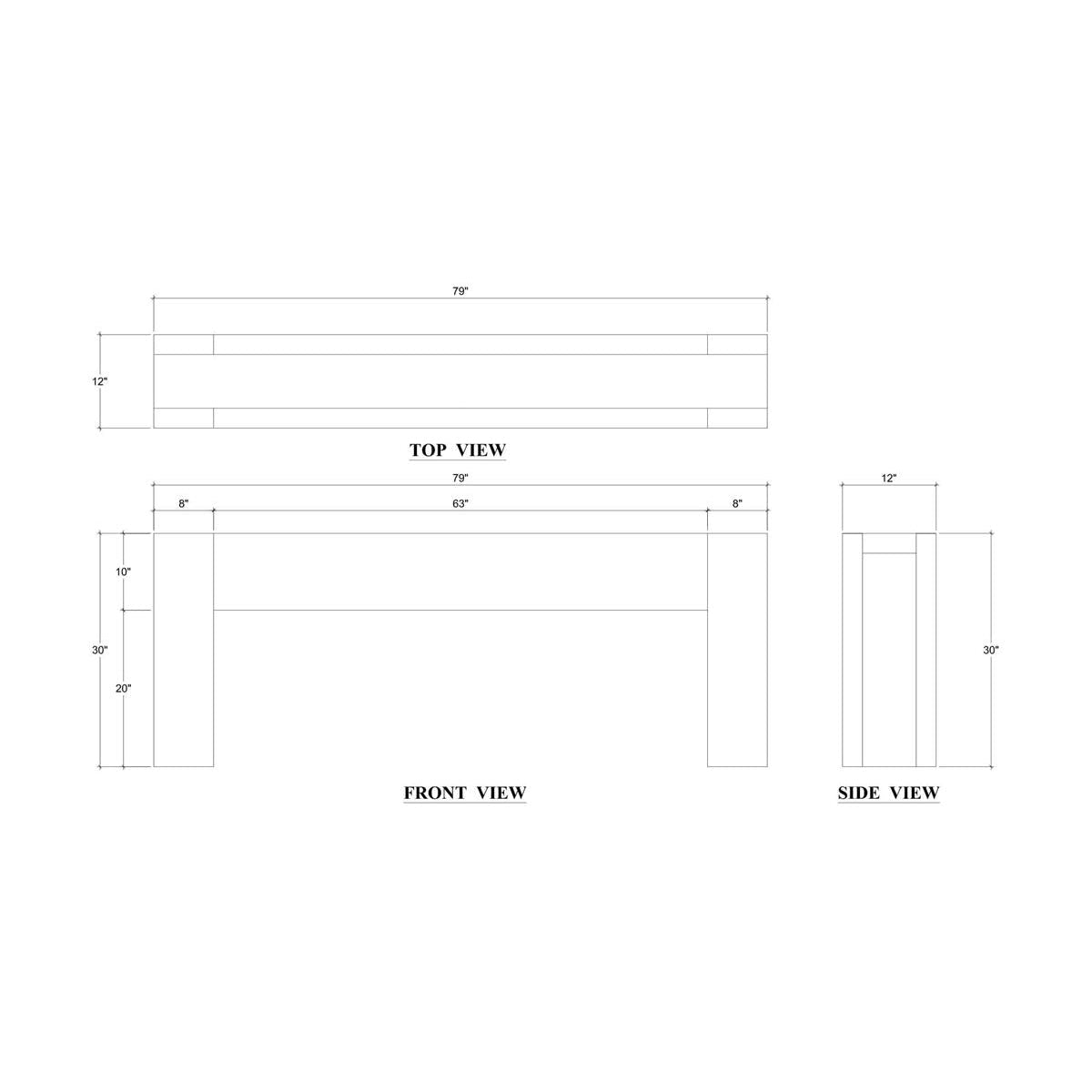Dimension diagram of teak console table, detailed measurements.