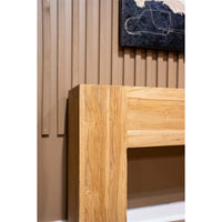 Close-up of console table edge, wood grain detail.