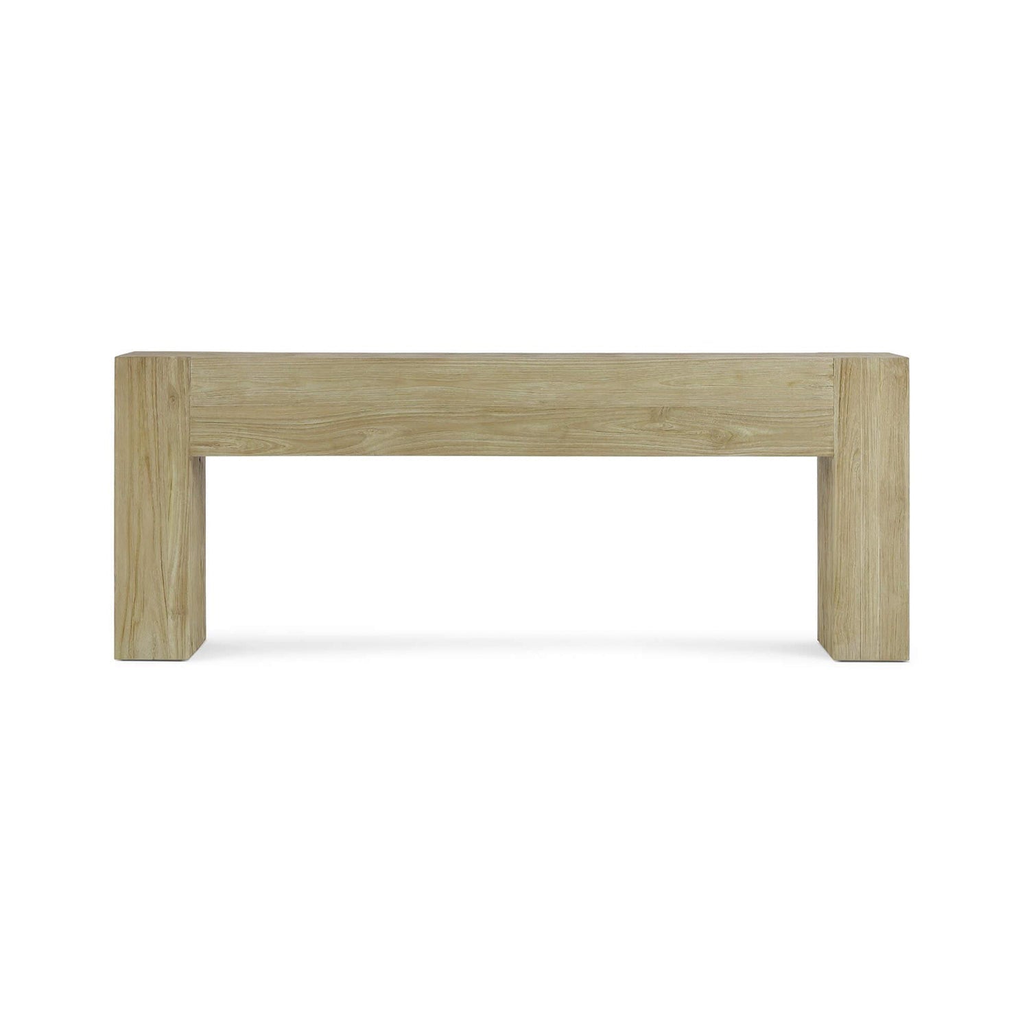 Teak console table, direct front view, clean lines.