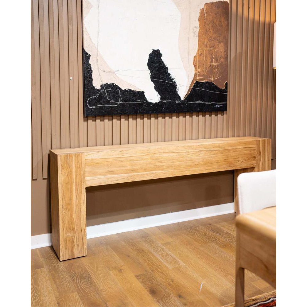 Teak console table in modern room, stylish decor.