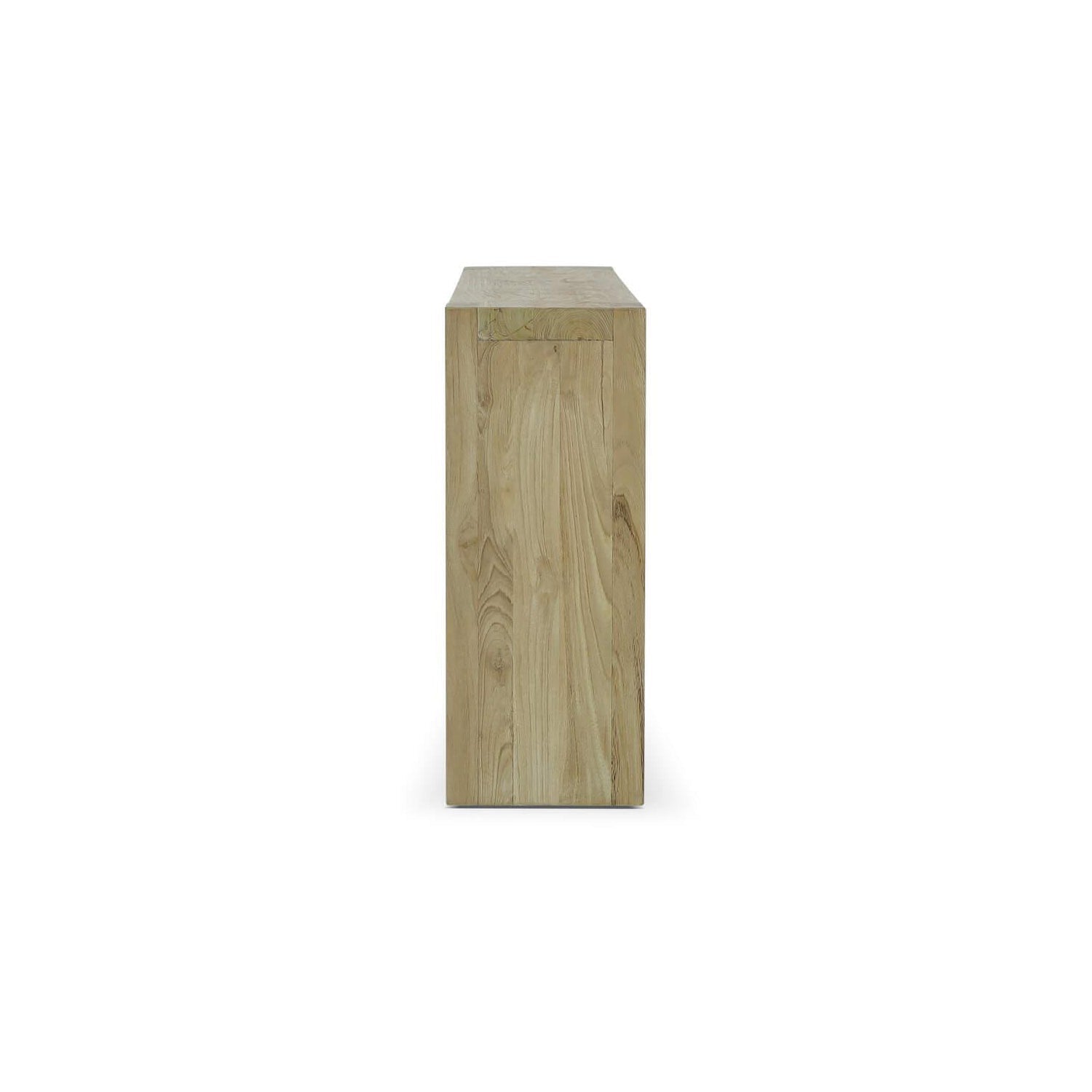 Side profile of teak console table, sleek silhouette.