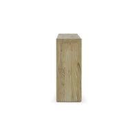 Side profile of teak console table, sleek silhouette.