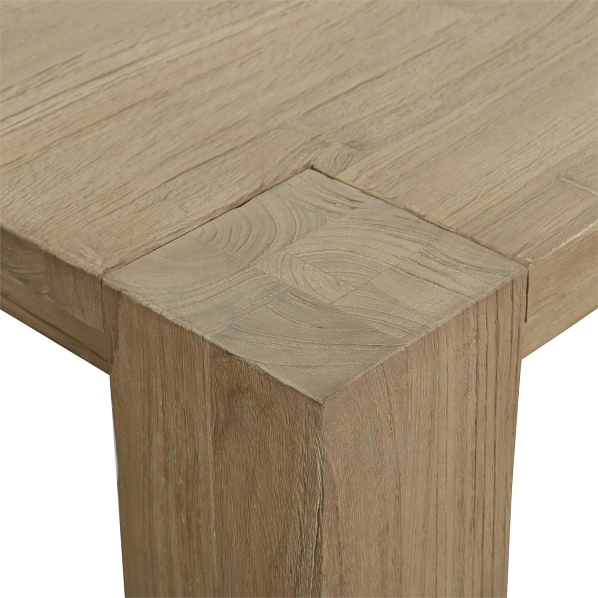 Close-up of corner joinery on teak dining table