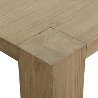 Close-up of corner joinery on teak dining table